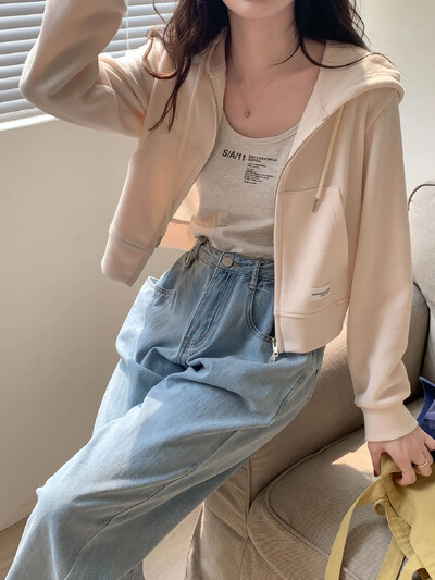 Slim Fit Γυναικείο Κοντό φερμουάρ Καθαρό χρώμα Σχέδιο Άνοιξη Καλοκαίρι Top Casual καπέλο Ανοιχτό πουκάμισο σε μοντέρνο στυλ σέξι κοριτσιού