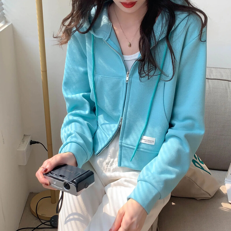 Slim Fit Γυναικείο Κοντό φερμουάρ Καθαρό χρώμα Σχέδιο Άνοιξη Καλοκαίρι Top Casual καπέλο Ανοιχτό πουκάμισο σε μοντέρνο στυλ σέξι κοριτσιού