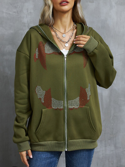 Y2K Rhinestone Fashion Hoodies Γυναικεία γοτθικά μαύρα φερμουάρ Υπερμεγέθη φούτερ Γυναικεία ρετρό Harajuku κουκούλα μπουφάν Streetwear