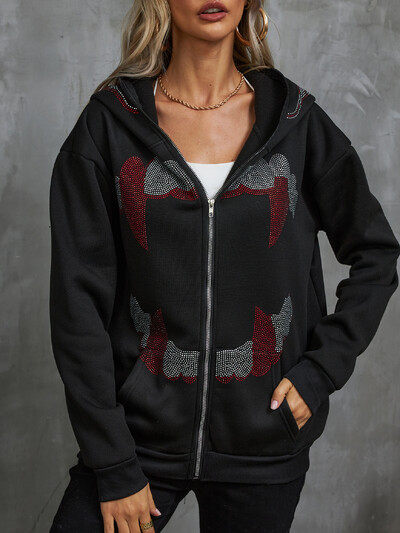 Y2K Rhinestone Fashion Hoodies Γυναικεία γοτθικά μαύρα φερμουάρ Υπερμεγέθη φούτερ Γυναικεία ρετρό Harajuku κουκούλα μπουφάν Streetwear