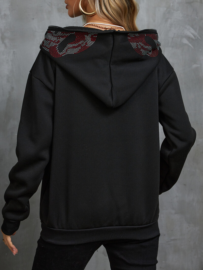 Y2K Rhinestone Fashion Hoodies Γυναικεία γοτθικά μαύρα φερμουάρ Υπερμεγέθη φούτερ Γυναικεία ρετρό Harajuku κουκούλα μπουφάν Streetwear