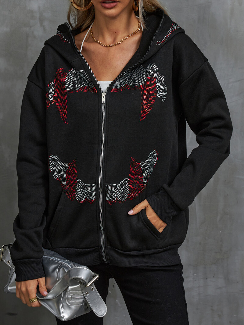 Y2K Rhinestone Fashion Hoodies Γυναικεία γοτθικά μαύρα φερμουάρ Υπερμεγέθη φούτερ Γυναικεία ρετρό Harajuku κουκούλα μπουφάν Streetwear