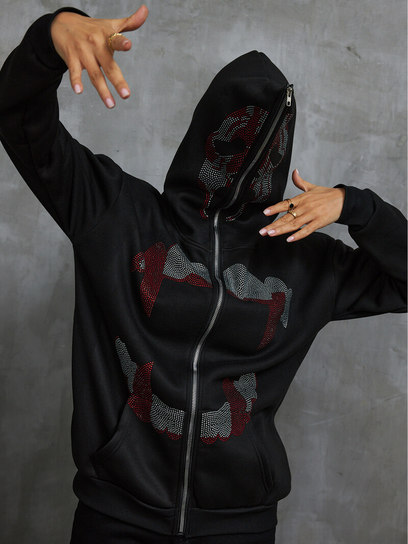 Y2K Rhinestone Fashion Hoodies Γυναικεία γοτθικά μαύρα φερμουάρ Υπερμεγέθη φούτερ Γυναικεία ρετρό Harajuku κουκούλα μπουφάν Streetwear