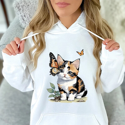 2024 Γυναικεία κουκούλα με κουκούλα με στάμπα Cat Butterfly Ευέλικτο Hoodie Streetwear Y2K Fashion Γυναικεία κουκούλα με κορδόνι φθινόπωρο/χειμώνα