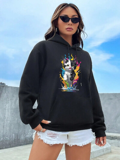 2024 Γυναικεία κουκούλα με κουκούλα με στάμπα Cat Butterfly Ευέλικτο Hoodie Streetwear Y2K Fashion Γυναικεία κουκούλα με κορδόνι φθινόπωρο/χειμώνα