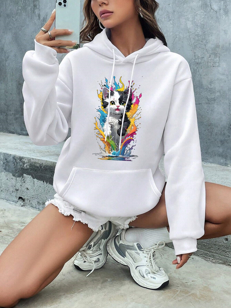 2024 Γυναικεία κουκούλα με κουκούλα με στάμπα Cat Butterfly Ευέλικτο Hoodie Streetwear Y2K Fashion Γυναικεία κουκούλα με κορδόνι φθινόπωρο/χειμώνα