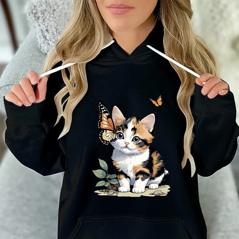 2024 Γυναικεία κουκούλα με κουκούλα με στάμπα Cat Butterfly Ευέλικτο Hoodie Streetwear Y2K Fashion Γυναικεία κουκούλα με κορδόνι φθινόπωρο/χειμώνα