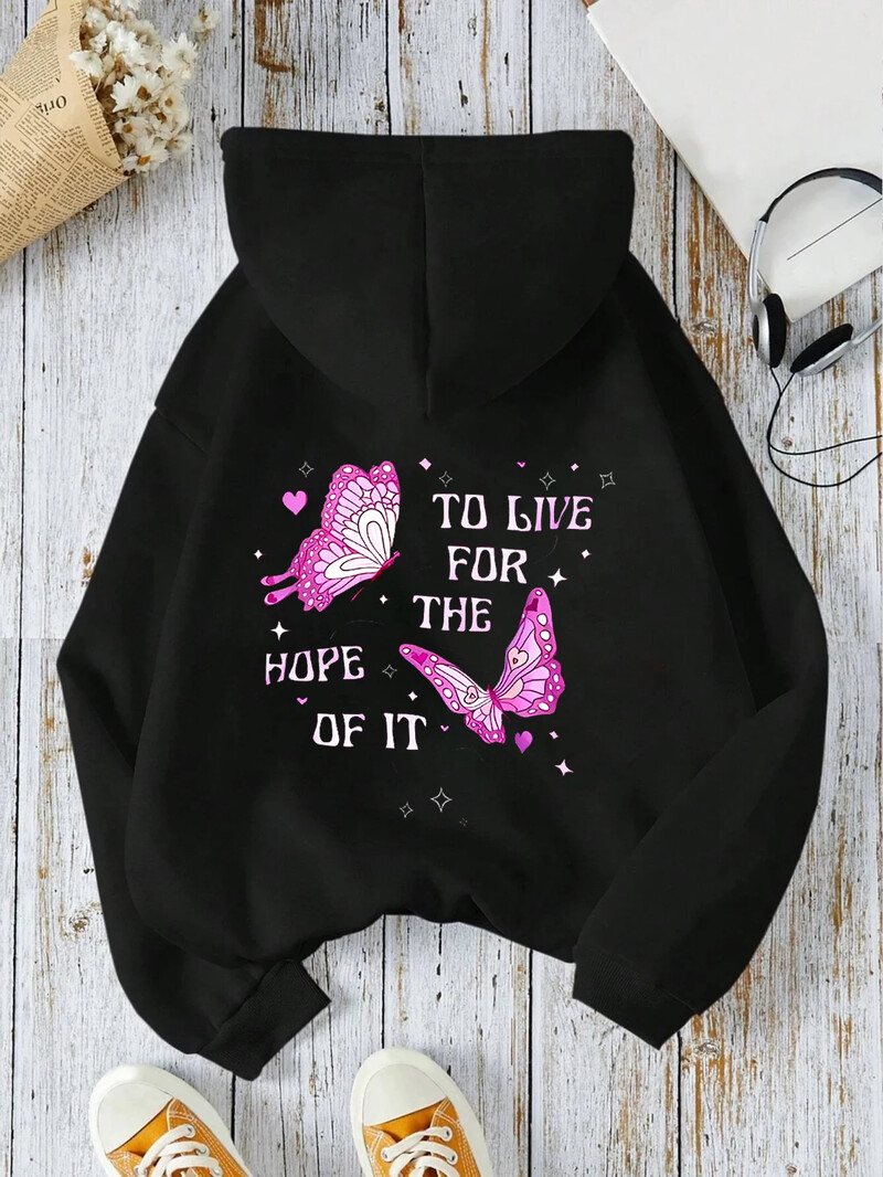 Γυναικεία φούτερ με κουκούλα Letter Μακρυμάνικη φαρδιά και μοντέρνα μπλούζα με στάμπα πεταλούδας για γυναίκες