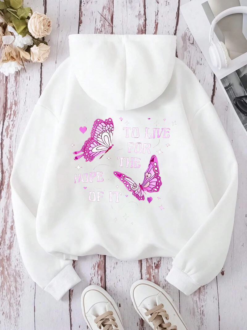 Γυναικεία φούτερ με κουκούλα Letter Μακρυμάνικη φαρδιά και μοντέρνα μπλούζα με στάμπα πεταλούδας για γυναίκες