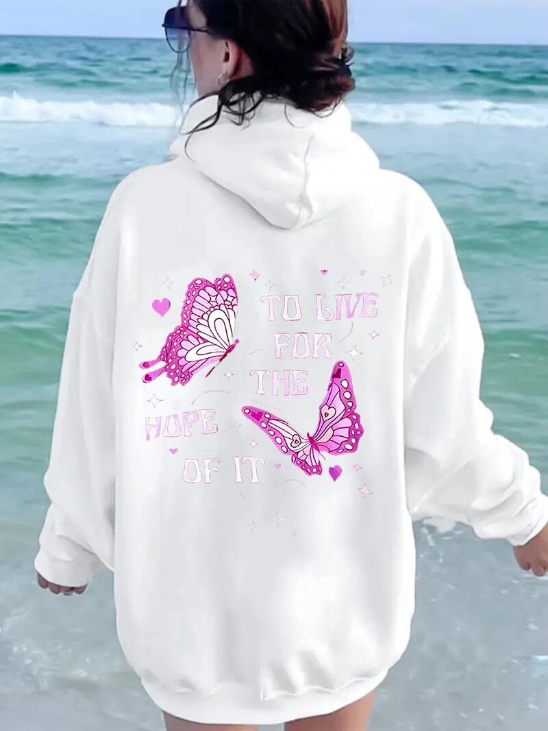 Γυναικεία φούτερ με κουκούλα Letter Μακρυμάνικη φαρδιά και μοντέρνα μπλούζα με στάμπα πεταλούδας για γυναίκες