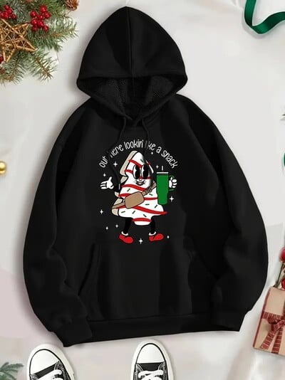 Sieviešu Ziemassvētku karikatūras drukas ikdienas džemperis ar kapuci, poliesters, mazgājams mašīnā
