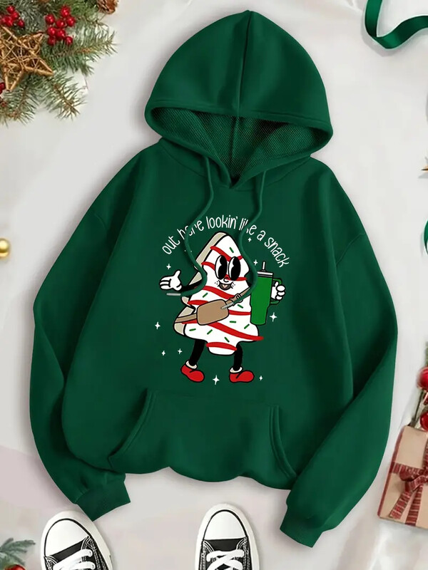 Sieviešu Ziemassvētku karikatūras drukas ikdienas džemperis ar kapuci, poliesters, mazgājams mašīnā