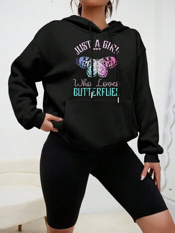 Just A Girl Who Loves Butterflies Design Heart Print Hoodies Creative Autumn Streetwear Ежедневна суичър с джоб Нов дамски пуловер