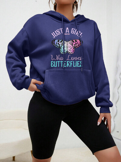 Just A Girl Who Loves Butterflies Design Heart Print Hoodies Creative Autumn Streetwear Ежедневна суичър с джоб Нов дамски пуловер