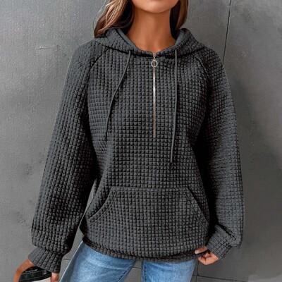 Γυναικείες μπλούζες με μισό φερμουάρ Overzised γιακάς με κουκούλα, μακρυμάνικο χιπ χοπ Φθινοπωρινό παλτό με τρύπα αντίχειρα