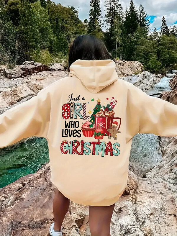 Ziemassvētku grafiskā apdruka Kangaroo Pocket Hoodie, Ikdienas Garās piedurknes Savelkamās Hoodies Džemperis Rudenim un Ziemai, Sieviešu Cl