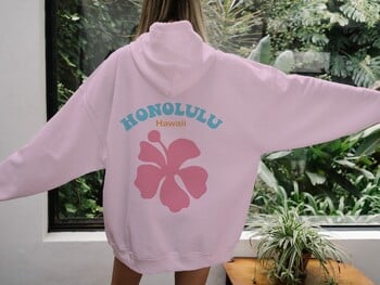 Honolulu Hawaii Pink Flower Graphic Printed Hooded Women Oversize Hoodies Висококачествен пуловер Женски преобладаващ суичър