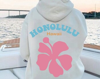 Honolulu Hawaii Pink Flower Graphic Printed Hooded Women Oversize Hoodies Висококачествен пуловер Женски преобладаващ суичър