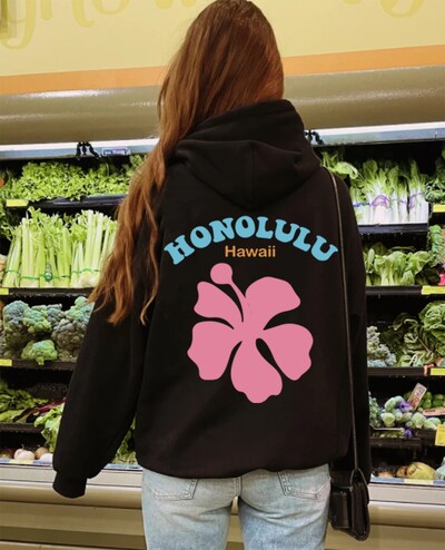 Honolulu Hawaii Rózsaszín virágos grafika, nyomott kapucnis női túlméretezett kapucnis pulóverek Kiváló minőségű pulóver, női gyakori pulóver