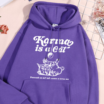 Karma Is A Cat White Sketch Printed Hoodie Female Basics Simple Sweatshirts Свободно спортно облекло за улицата Oversize дрехи