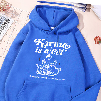 Karma Is A Cat Λευκό σκίτσο με εμπριμέ κουκούλα Γυναικεία Βασικά Απλά Φούτερ Ελεύθερα Φαρδιά Αθλητικά Ενδύματα δρόμου Υπερμεγέθη ρούχα