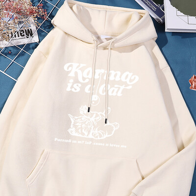 Karma Is A Cat Λευκό σκίτσο με εμπριμέ κουκούλα Γυναικεία Βασικά Απλά Φούτερ Ελεύθερα Φαρδιά Αθλητικά Ενδύματα δρόμου Υπερμεγέθη ρούχα
