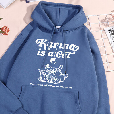 Karma Is A Cat Λευκό σκίτσο με εμπριμέ κουκούλα Γυναικεία Βασικά Απλά Φούτερ Ελεύθερα Φαρδιά Αθλητικά Ενδύματα δρόμου Υπερμεγέθη ρούχα