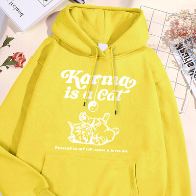 Karma Is A Cat Λευκό σκίτσο με εμπριμέ κουκούλα Γυναικεία Βασικά Απλά Φούτερ Ελεύθερα Φαρδιά Αθλητικά Ενδύματα δρόμου Υπερμεγέθη ρούχα