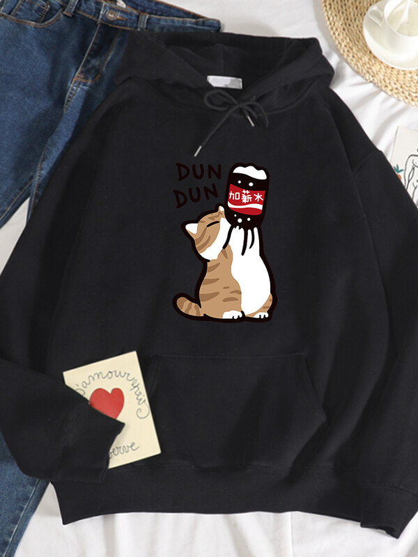 Dun Dun Αύξηση μισθού Αστείες γάτες με κουκούλες Γυναικείες φθινοπωρινές κουκούλες υπερμεγέθους Φούτερ Απλή Fleece Φούτερ Street S-Xxl Hoody