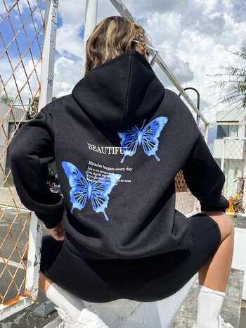 Blue Butterfly Art Letter Slogan Design Women Hoodie Есенна джобна суичърка с качулка Модни нови улични хип-хоп удобни пуловери