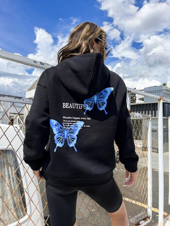 Blue Butterfly Art Letter Slogan Design Women Hoodie Есенна джобна суичърка с качулка Модни нови улични хип-хоп удобни пуловери