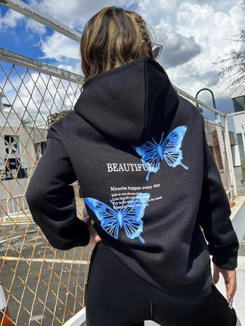 Blue Butterfly Art Letter Slogan Design Women Hoodie Есенна джобна суичърка с качулка Модни нови улични хип-хоп удобни пуловери