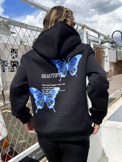 Blue Butterfly Art Letter Σχέδιο σλόγκαν Γυναικεία κουκούλα Φθινοπωρινό Τσέπη με κουκούλα μόδα Νέα Streetwear Hip Hop Άνετα πουλόβερ