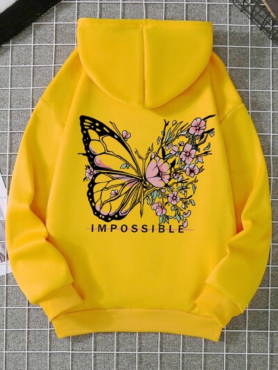 Rose Butterfly Impossible Γράμμα γραφικής εκτύπωσης Γυναικεία φούτερ Μόδα ζεστή κουκούλα Φαρδιά casual φούτερ Fleece Μαλακά ρούχα