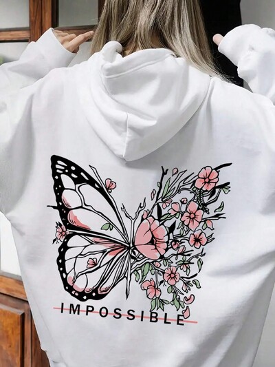 Rose Butterfly Impossible Γράμμα γραφικής εκτύπωσης Γυναικεία φούτερ Μόδα ζεστή κουκούλα Φαρδιά casual φούτερ Fleece Μαλακά ρούχα