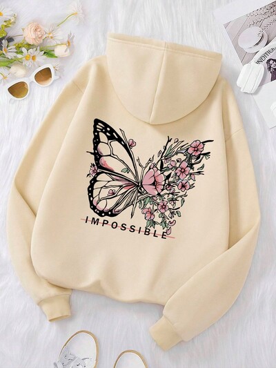 Rose Butterfly Impossible Γράμμα γραφικής εκτύπωσης Γυναικεία φούτερ Μόδα ζεστή κουκούλα Φαρδιά casual φούτερ Fleece Μαλακά ρούχα