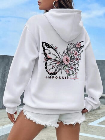 Rose Butterfly Impossible Letter Graphic Print Дамски суичър Моден топъл свободен ежедневен суичър с качулка Полар Меко облекло