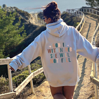 GOD IS WIT IN HER SHE NOT FALL Hanorac pentru femei din lână, cu imprimeu slogan cu inscripții, hanorac cu șnur cu buzunare cangur