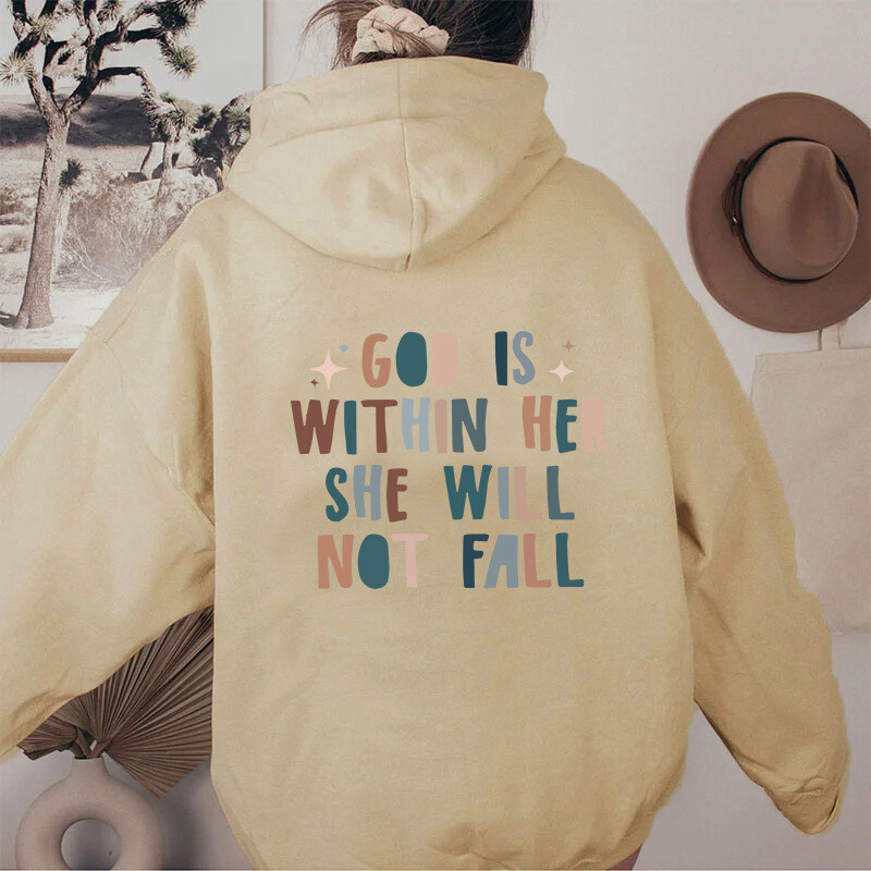 GOD IS WIT IN HER SHE NOT FALL Hanorac pentru femei din lână, cu imprimeu slogan cu inscripții, hanorac cu șnur cu buzunare cangur