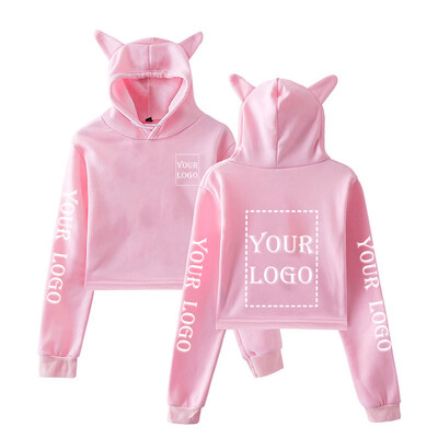 Pielāgots Crop Hoodie Jūsu PAŠA dizaina zīmola logotips/attēlu drukāšanas džemperis Sieviešu modes kaķu ausu kapuci Kpop hip-hop DIY apģērbi