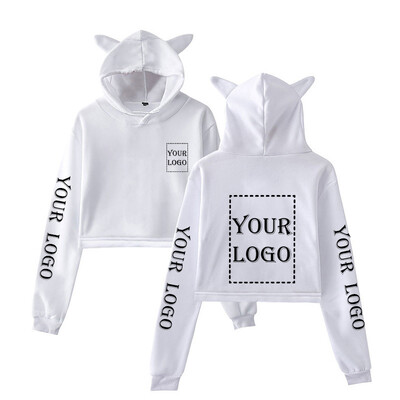 Pielāgots Crop Hoodie Jūsu PAŠA dizaina zīmola logotips/attēlu drukāšanas džemperis Sieviešu modes kaķu ausu kapuci Kpop hip-hop DIY apģērbi