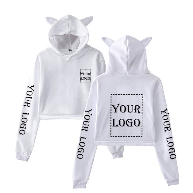 Pielāgots Crop Hoodie Jūsu PAŠA dizaina zīmola logotips/attēlu drukāšanas džemperis Sieviešu modes kaķu ausu kapuci Kpop hip-hop DIY apģērbi