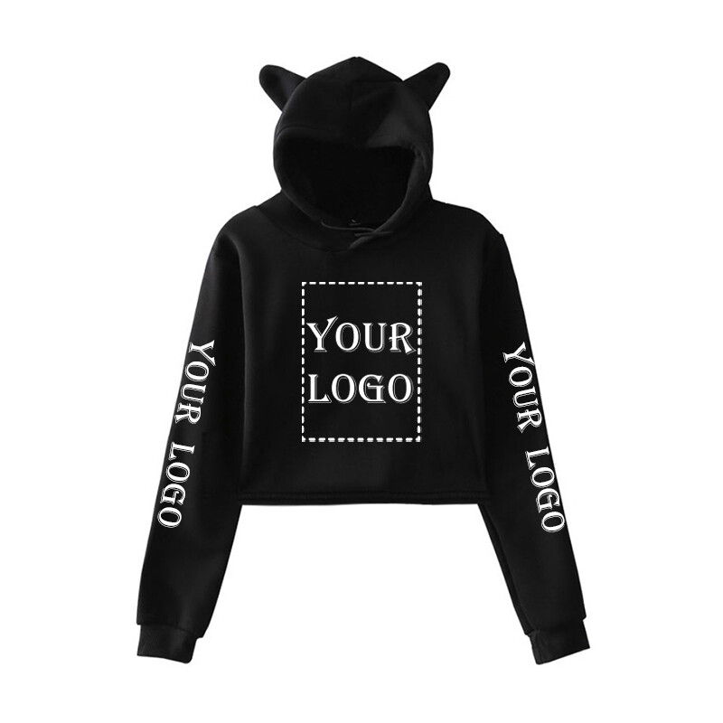 Pielāgots Crop Hoodie Jūsu PAŠA dizaina zīmola logotips/attēlu drukāšanas džemperis Sieviešu modes kaķu ausu kapuci Kpop hip-hop DIY apģērbi