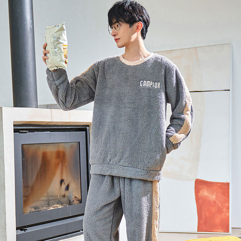 Flaneļa pidžamas 2024. gada jaunais rudens un ziemas plāns, jauns plīša divdaļīgs komplekts ar apaļu kaklu ar garām piedurknēm