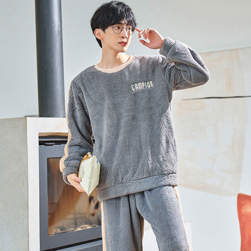 Flaneļa pidžamas 2024. gada jaunais rudens un ziemas plāns, jauns plīša divdaļīgs komplekts ar apaļu kaklu ar garām piedurknēm