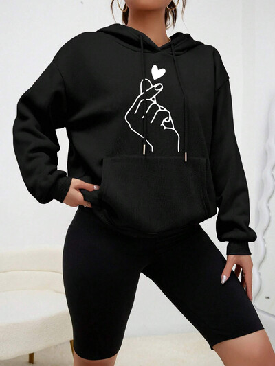 Lihtne südamega käsitsi prinditud riided Naiste Hip Hop tänava kapuutsid vabaaja mood mitmevärviline taskuga naiste kapuuts