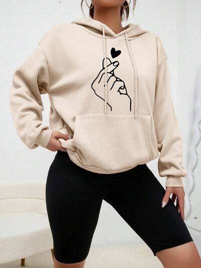 Lihtne südamega käsitsi prinditud riided Naiste Hip Hop tänava kapuutsid vabaaja mood mitmevärviline taskuga naiste kapuuts