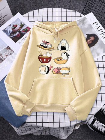 Sushi Cat\'s Day Harajuku Printed Hoody Дамско модно свободно облекло Есенен поларен суичър Ежедневно О-образно деколте Женско улично облекло