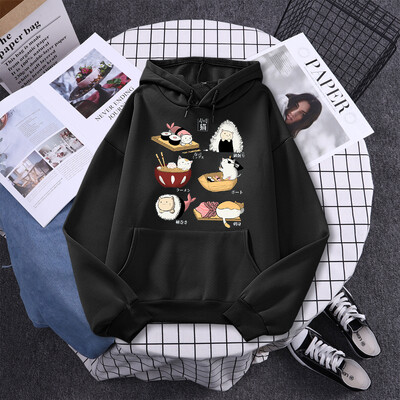 Σούσι Cat`s Day Harajuku με εμπριμέ κουκούλα Γυναικεία Μόδα Φαρδιά Ρούχα Φούτερ φλις φθινοπώρου Casual Γυναικεία ρούχα με λαιμόκοψη