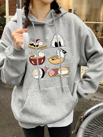 Sushi Cat`s Day Harajuku Printed Hoody Дамско модно свободно облекло Есенен поларен суичър Ежедневно О-образно деколте Женско улично облекло